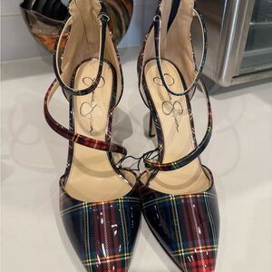 SOLD Jessica Simpson Plaid Strappy Heels Patent Leather